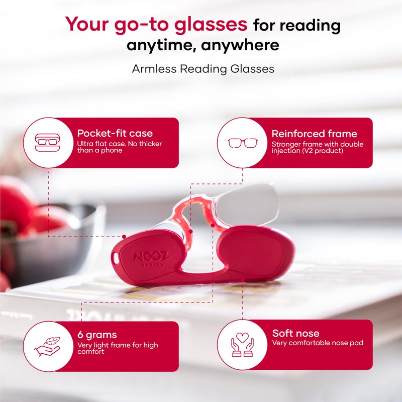 NOOZ Armless Reading Glasses for Women & Men â€“ Ultra-Lightweight 6g - Presbyopia Readers with Keychain Case - Rectangular - Silver - 1,5 - Image 2